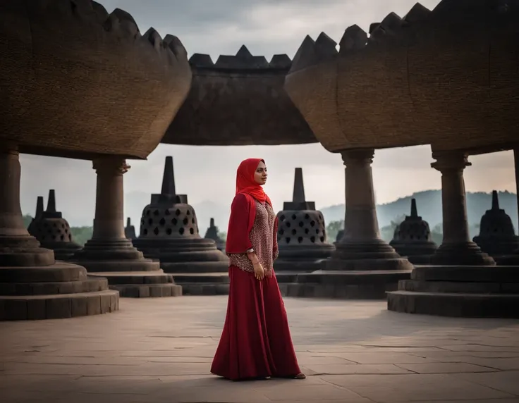 a beautiful woman is standing in front of borobudur temple, wearing jersey hijab, jacket, full body