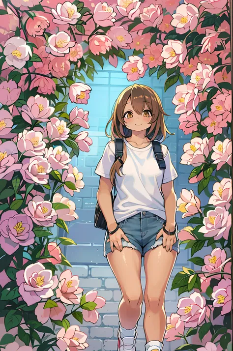 masutepiece, a young beautiful girl, Smiling, Looking at the camera, Stand in front of a mass of roses, Wearing shorts and T-shirt, White sneakers. Wearing tops and shorts, Flowers, fully body photo, Casual pose, Thicker legs