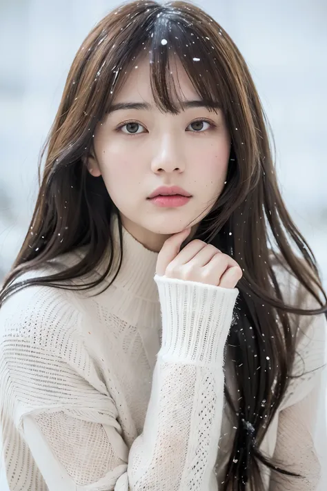 (8k, best quality, masterpiece, ultra highres:1.2) Photo of Pretty Japanese woman
 in the (style of paul rubens and rebecca guay:1.1) (melancholy winter snow:1.4)