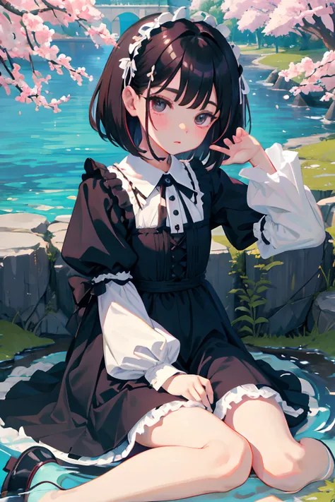 wariza，hand between legs，child，（​masterpiece，Highest Quality），shortsleeves，White Gothic Lolita，Sleepy face，Round eyes，A dark-haired，Medium bob，small stream，cherry trees