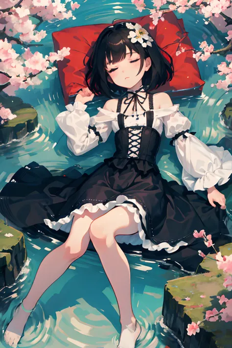 Knees，Curtsey，lift up ones skirt，child，（​masterpiece，Highest Quality），(shortsleeves，White Gothic Lolita)，Sleepy face，Round eyes，A dark-haired，Semi-long bob，bare-legged，small stream，cherry trees，undergarment