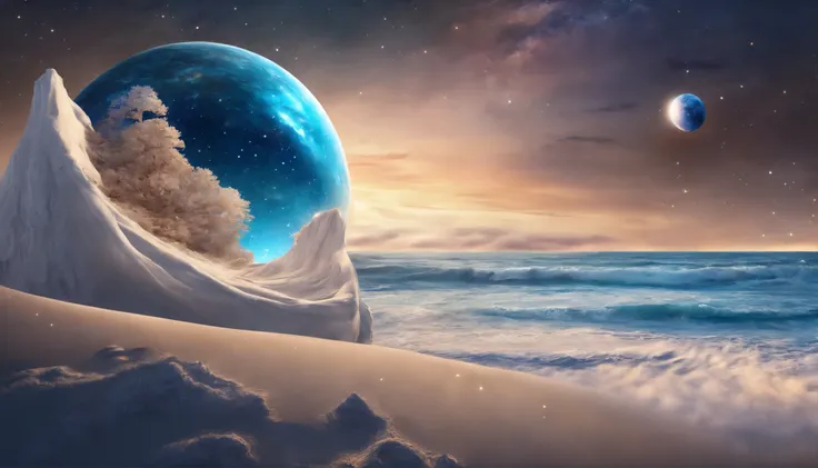 huge planet, the night, starrysky, surrealism, masutepiece, hight resolution、Impressive Milky Way、sand beach、Blue sea、Jewelry Ice