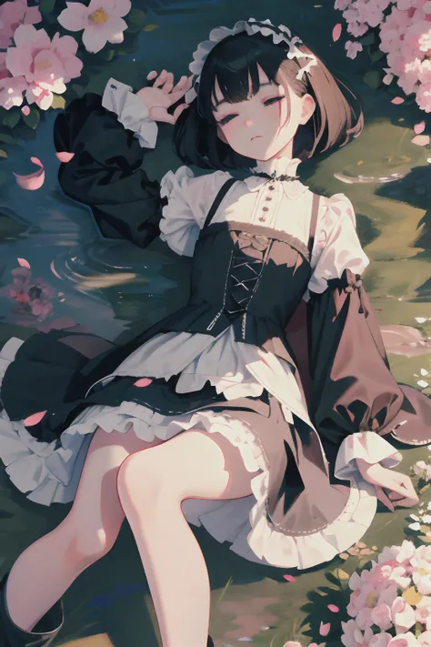 Knees，Curtsey，lift up ones skirt，child，（​masterpiece，Highest Quality），(shortsleeves，White Gothic Lolita)，Sleepy face，Round eyes，A dark-haired，Semi-long bob，bare-legged，small stream，cherry trees，undergarment