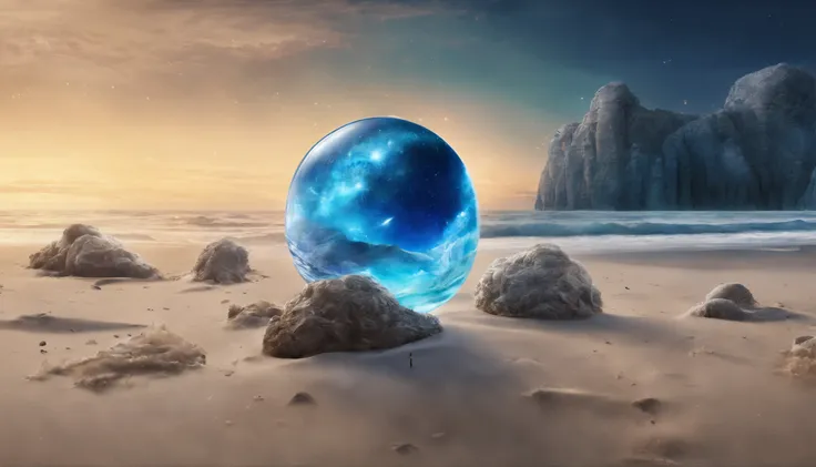 huge planet, the night, starrysky, surrealism, masutepiece, hight resolution、Impressive Milky Way、sand beach、Blue sea、Jewelry Ice