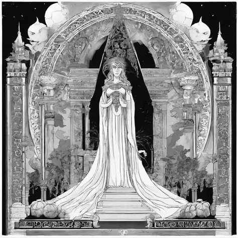 The goddess Hekate in her full splendor, blessing her faithful in a temple dedicated to Hekate, full of adornments and symbols representing the Greek triple goddess