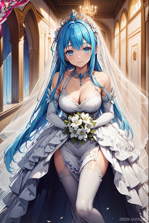 (Best quality,4K,8K,A high resolution,Masterpiece:1.2),Ultra-detailed,Beautiful girl,Enchanted,Enchanting,cheerfulness,divino,Magical effect,Silver-blue hair,Pale pink wedding dress,The brides crown,Sophisticated attire,detailed lace,Bedroom,solo person,th...