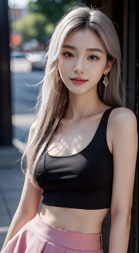 (masterpiece), a stunning photograph of korean girl model, full body, 8k, raw photo, looking at viewer, (highly detailed skin:1.2), small breasts, slim body, white hair, (photorealistic:1.4), black shirt, pink skirt, solo, jewelry, earrings, (looking at vi...