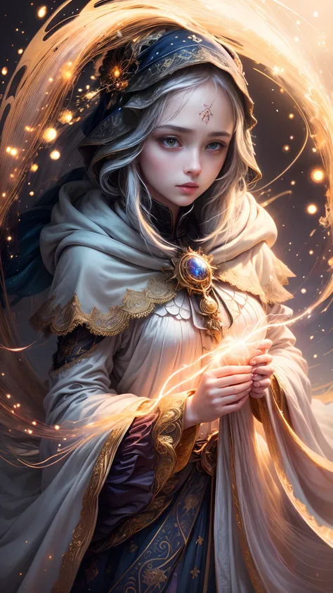 (masterpiece, top quality, best quality, official art, beautiful and aesthetic:1.2), (1girl), extreme detailed, colorful, highest detailed, purest perfect face, upper body, HDR, (praying:1.3), (white cloak golden lines:1.2), galaxy, (light streaks), striki...