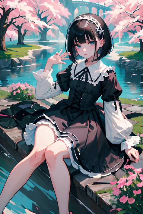 Knees，Curtsey，lift up ones skirt，child，（​masterpiece，Highest Quality），(shortsleeves，White Gothic Lolita)，Sleepy face，Round eyes，A dark-haired，Semi-long bob，bare-legged，small stream，cherry trees，undergarment