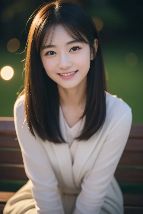 (in 8K、Raw photography、top-quality、​masterpiece:1.2)、30-years old、(japanes)、1人の女性、A detailed face、A detailed eye、Detailed mouth、Smile、Sitting on a bench in the park at night、With the moon in the background