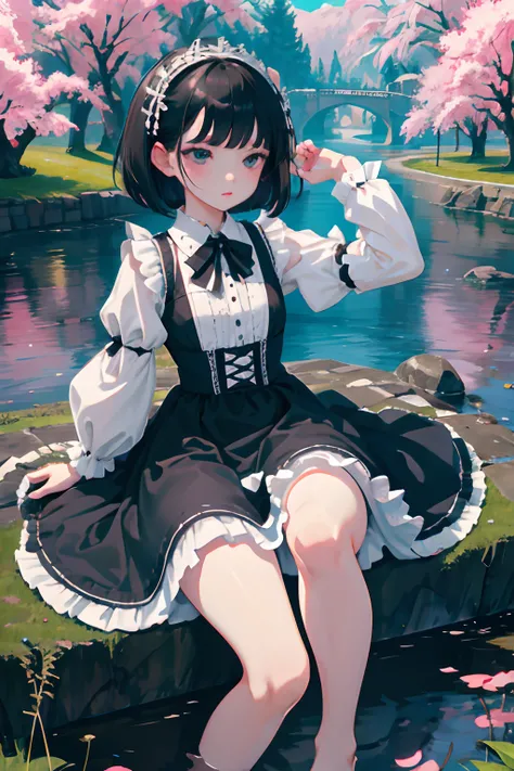 Knees，Curtsey，lift up ones skirt，child，（​masterpiece，Highest Quality），(shortsleeves，White Gothic Lolita)，Sleepy face，Round eyes，A dark-haired，Semi-long bob，bare-legged，small stream，cherry trees，undergarment