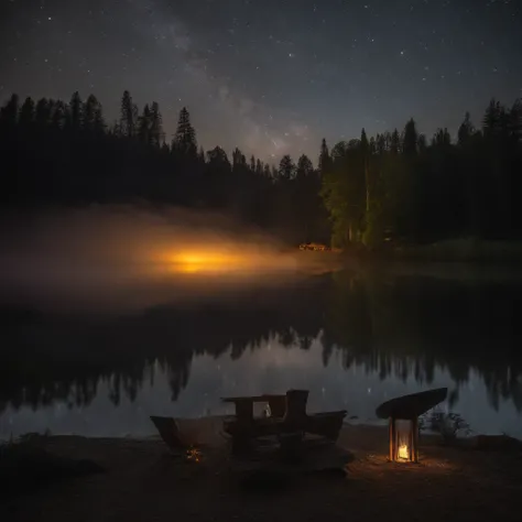 the atmosphere of a lakeside campsite adorned with crackling fires and a sky ablaze with stars. The tranquil setting by the waters edge is illuminated by dancing flames, casting a warm glow upon the surroundings. Under the celestial canopy, a myriad of sta...