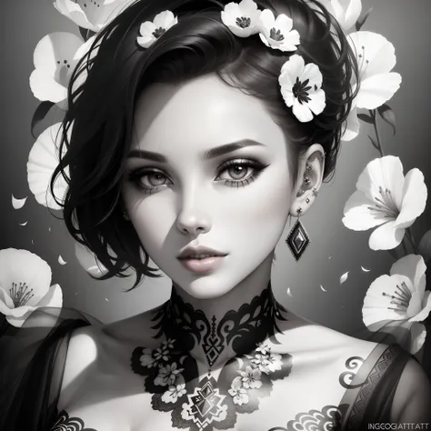 Digiart style, 1girl in, Solo, Looking at Viewer, Short hair, Simple background, White background, Jewelry, monochromes, grayscales, earrings, Parted lips, Lips, flower petals, Eyelashes, The tattoo, makeup, watermarked, Piercing, ear piercings, Portrait, ...