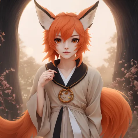 femboy, androgynous, highres, masterpiece, 4k, detailed, orange eyes, orange hair, animal_ears, tail, fox_tail, fox_ears, animal_ear_fluff, fox_boy, cute, neutral expression, one hand in the air, traditional japanese clothing, giant moon, night sky, artist...