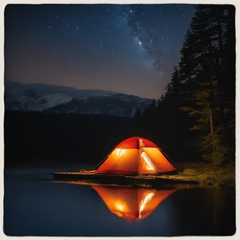 the atmosphere of a lakeside campsite adorned with crackling fires and a sky ablaze with stars. The tranquil setting by the waters edge is illuminated by dancing flames, casting a warm glow upon the surroundings. Under the celestial canopy, a myriad of sta...