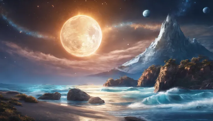 huge planet, the night, starrysky, surrealism, masutepiece, hight resolution、Impressive Milky Way:1.9、sand beach、Blue Sea、drift ice、lightning