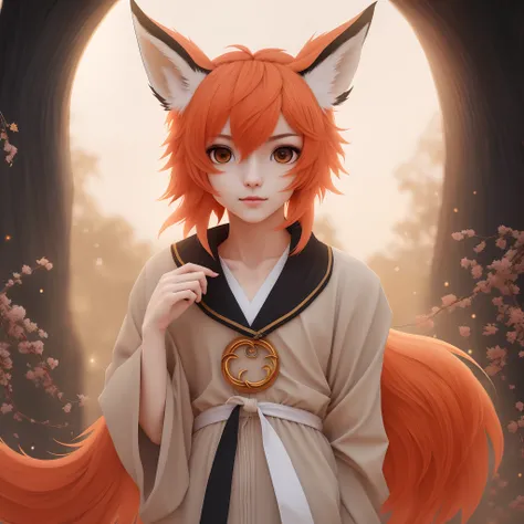 femboy, androgynous, highres, masterpiece, 4k, detailed, orange eyes, orange hair, animal_ears, tail, fox_tail, fox_ears, animal_ear_fluff, fox_boy, cute, neutral expression, one hand in the air, traditional japanese clothing, giant moon, night sky, artist...