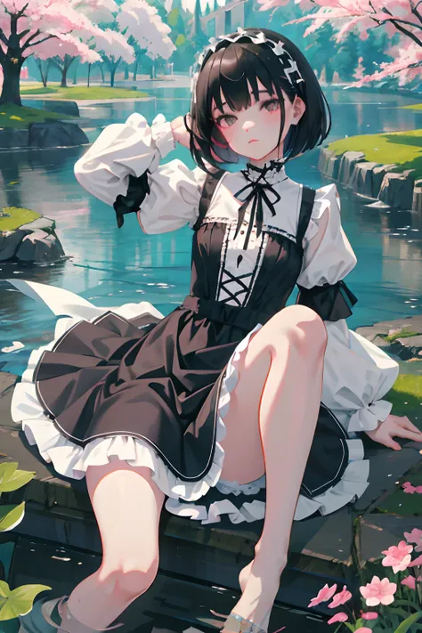 Knees，Curtsey，lift up ones skirt，child，（​masterpiece，Highest Quality），(shortsleeves，White Gothic Lolita)，Sleepy face，Round eyes，A dark-haired，Semi-long bob，bare-legged，small stream，cherry trees，undergarment