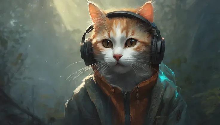 a cute little cat, Wear a student jacket,  Wearing headphones, Standing position, Abstract beauty, Centered, Looking at the camera, Facing the camera, nearing perfection, Dynamic, Moonlight, Highly detailed, Digital painting, art  stations, concept-art, sm...