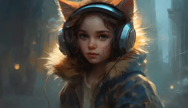 a cute little cat, Wear a student jacket,  Wearing headphones, Standing position, Abstract beauty, Centered, Looking at the camera, Facing the camera, nearing perfection, Dynamic, Moonlight, Highly detailed, Digital painting, art  stations, concept-art, sm...