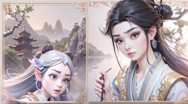 ，Comic storyboard style，Taoist fairy，Huangshan people，Delicate black hair，Arm carving，Brunette all over，Delicate gradient shoes，Eye portrayal，Exquisite Hair，Popmart blind box，Clay texture，Treading on the ground，Black and white background，natural  lightting...