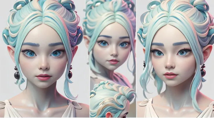 Italian balaco style，Taoist fairy，Huangshan people，Exquisite Hair，Arm carving，White-blue hair all over the body，Delicate gradient shoes，Eye portrayal，Exquisite Hair，Popmart blind box，Clay texture，Treading on the ground，Black and white background，natural  l...