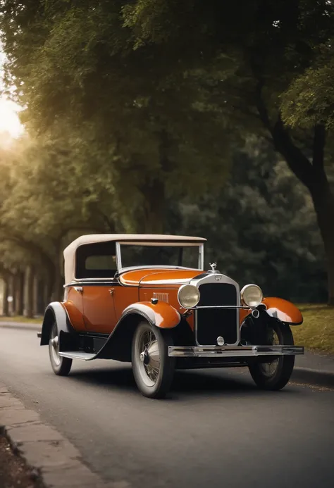 A cartoon old car is parked on the side of the road retro futuristic, 1929, 1 9 2 8, Vintage car, 1 9 3 1, 1 9 2 5, 1925, vintage car, 1 9 3 0, 1930, 1 9 2 7, 1 9 2 4, 1924, a wide full shot.  illustration. Realist. 2D. Mega Man game style.