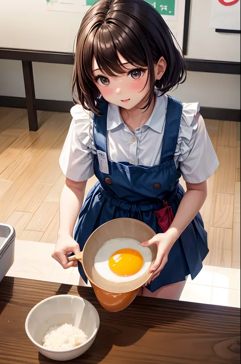 hi-school girl、、summer clothing、、be shy、Very cute、short-hair、Brown hair、gals、‎Classroom、Cooking Practice、I want to blush、Turning Pripan、pinafore、Having a ladle、Make a fried egg、Hand over your lunch、