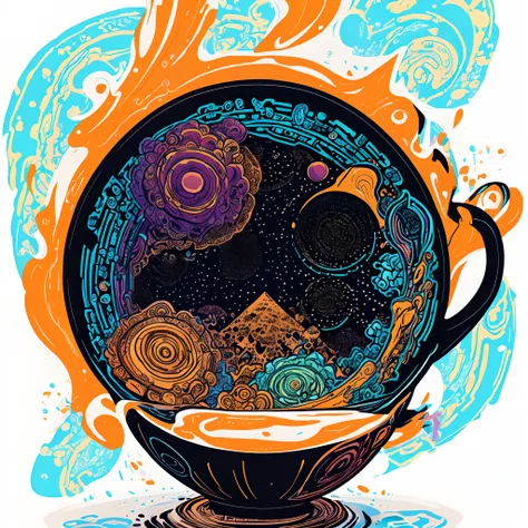 very details galaxy inside a cup of coffee, white background, T-shirt design, streetwear design, pro vector, full design, 6 colors only, solid colors, no shadows, full design, warm colors, plants, isometric pendleton patterns, sticker, bright colors