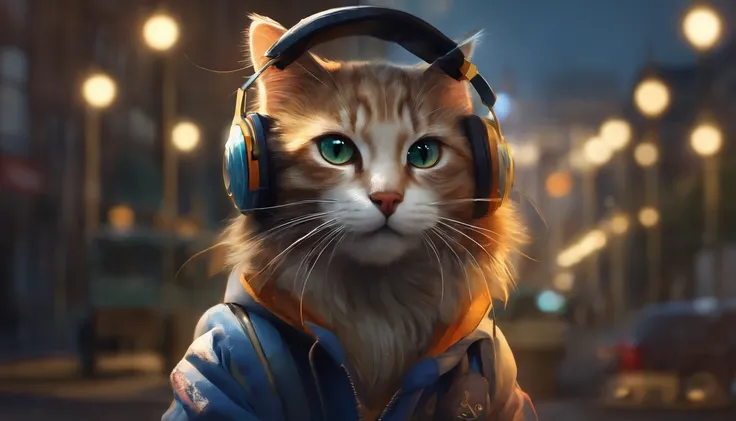 a cute little cat, Wear a student jacket, Wearing sunglasses, Wearing headphones, Standing position, Abstract beauty, Centered, Looking at the camera, Facing the camera, nearing perfection, Dynamic, Moonlight, Highly detailed, Digital painting, art  statio...