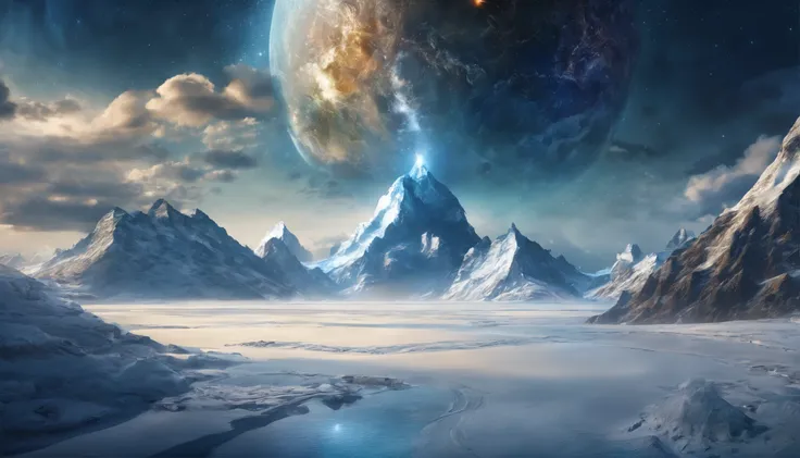 huge planet, the night, starrysky, surrealism, masutepiece, hight resolution、Impressive Milky Way:1.9、sand beach、Blue Sea、drift ice、lightning bolt:1.9、snow mountains、Mount Everest