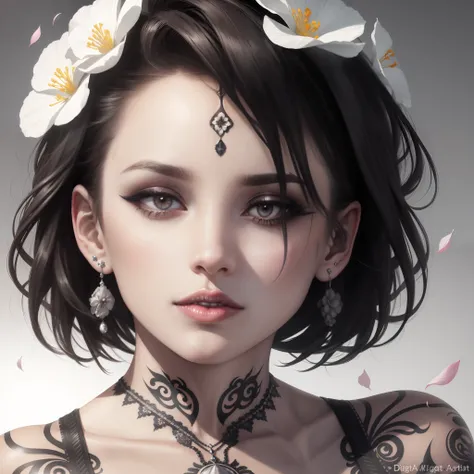 Digiart style, 1girl in, Solo, Looking at Viewer, Short hair, Simple background, White background, Jewelry, monochromes, grayscales, earrings, Parted lips, Lips, flower petals, Eyelashes, The tattoo, makeup, watermarked, Piercing, ear piercings, Portrait, ...