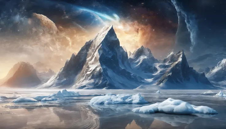 huge planet, the night, starrysky, surrealism, masutepiece, hight resolution、Impressive Milky Way:1.9、sand beach、Blue Sea、drift ice、lightning bolt:1.9、snow mountains、Mount Everest