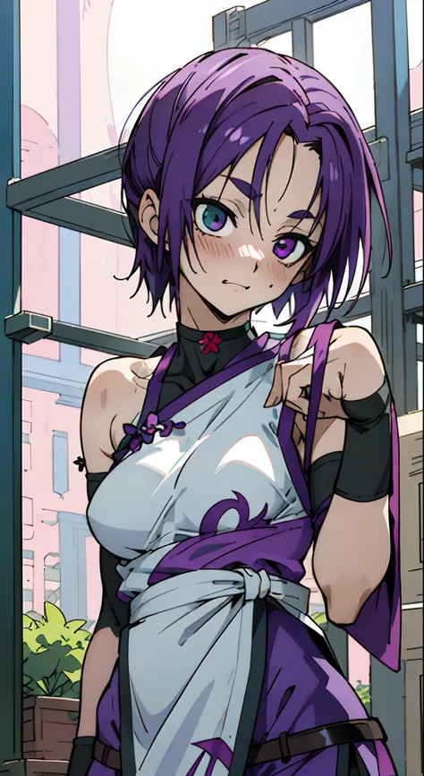 Masterpiece, Best quality, Ultra-detailed, Colorful,take up close, Hyper-detailing，purple color hair, reo mikage, bluelock, no sleeves, camisole and cheongsam, chinese clothes, chest exposure, underwear, frilly underwear, the kinky is exposed, choker, blac...