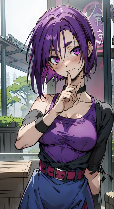 Masterpiece, Best quality, Ultra-detailed, Colorful,take up close, Hyper-detailing，purple color hair, reo mikage, bluelock, no sleeves, camisole and cheongsam, chinese clothes, chest exposure, underwear, frilly underwear, the kinky is exposed, choker, blac...