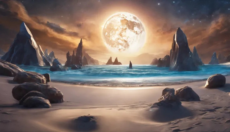 huge planet, the night, starrysky, surrealism, masutepiece, hight resolution、Impressive Milky Way:1.9、sand beach、Blue Sea、Blue glacier、lightning bolt:1.9