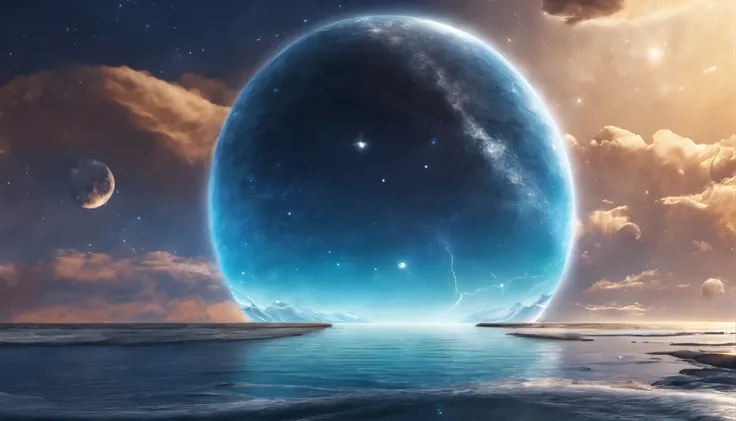 huge planet, the night, starrysky, surrealism, masutepiece, hight resolution、Impressive Milky Way:1.9、sand beach、Vast blue waters、Blue glacier、lightning bolt:1.9