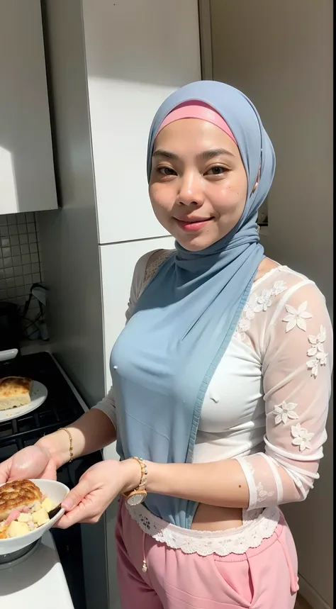 One beautiful matured malay women with pastel color hijab cooking breakfast wearing white lace bra and pink cotton shorts, beautiful matured face, mother, side lighting, light blue modern kitchen, malaysian, professional photography, bright light,