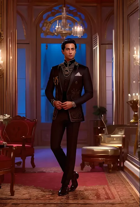 arafed man in a suit standing in a room with a chandelier, dressed in a jodhpuri suit, intricate suit, 3-piece-suit, handsome and elegant, modern maximalist suit, wearing an ornate suit, ornate black tuxedo, stylish suit, handsome man, dapper, suit and wai...