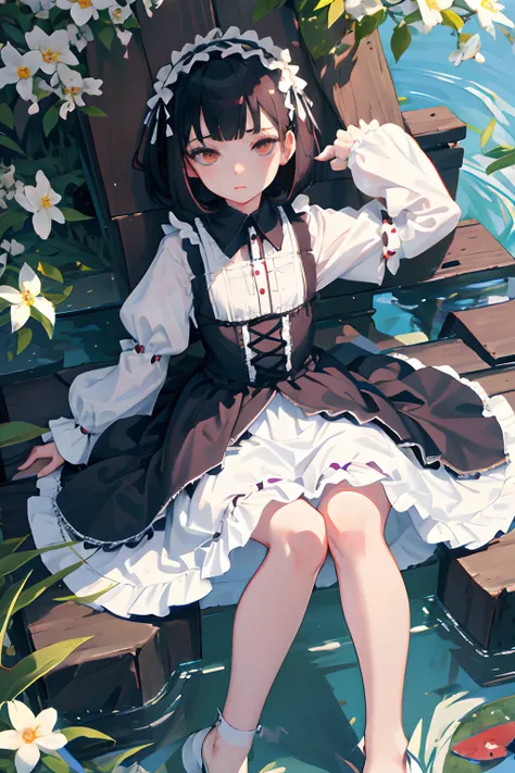 Knees，Curtsey，lift up ones skirt，child，（​masterpiece，Highest Quality），(shortsleeves，White Gothic Lolita)，Sleepy face，Round eyes，A dark-haired，Semi-long bob，bare-legged，small stream，cherry trees，undergarment