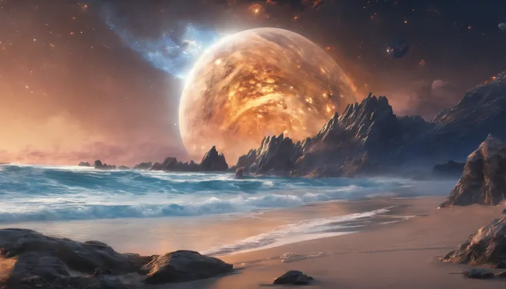 huge planet, the night, starrysky, surrealism, masutepiece, hight resolution、Impressive Milky Way:1.9、sand beach、Vast blue ocean、Blue glacier、lightning bolt:1.9、Protoplanets