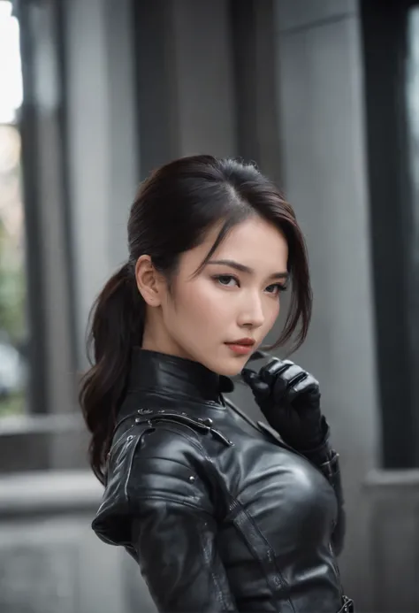 Japanese girl with black hair ponytail with black leather gloves, black leather riders, black leather skinny pants in both hands