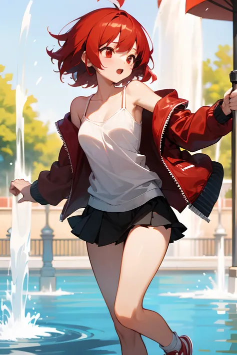 Beautiful girl with short red hair、Shoulders are visible、Ragged hair、Black miniskirt、red eyes、a red jacket、White camisole、Wear red sneakers、Splashing water on a fountain in the park、Sheer clothes,