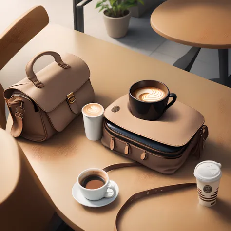 Beige bag on the table next to a cup of coffee