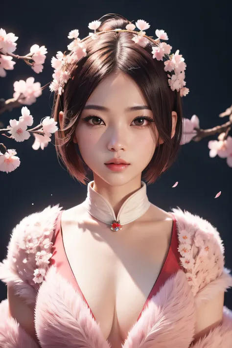 beautiful japanese young woman, wearing ninja armor, thick symmetrical features, very short hair, background is cherry blossoms,...