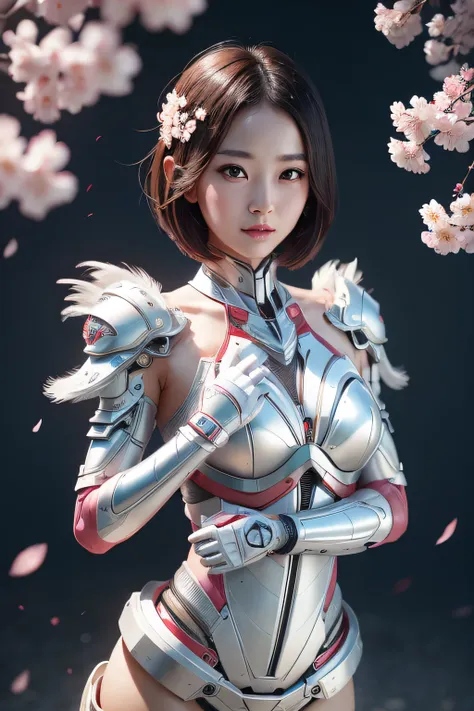 beautiful japanese young woman, wearing cyborg armor, thick symmetrical features, very short hair, background is cherry blossoms...