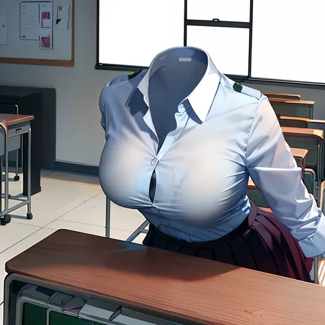 school uniform, ((invisible, no humans:1.5, headless:1.5, handless, legless)), (big breast), (close-up to breast), classroom