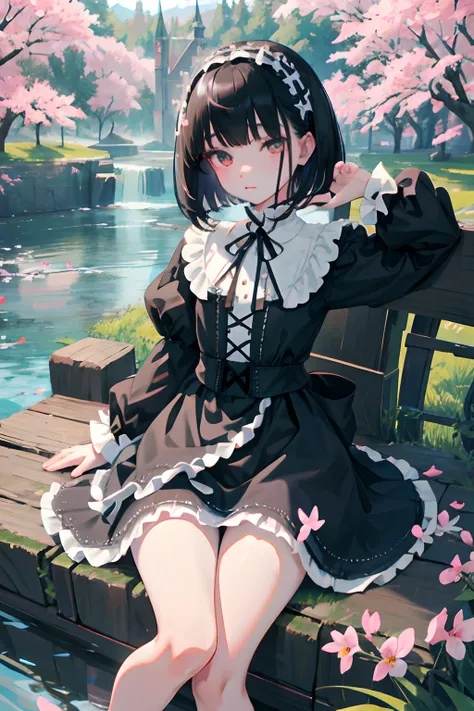 Knees，Curtsey，lift up ones skirt，child，（​masterpiece，Highest Quality），(shortsleeves，White Gothic Lolita)，Sleepy face，Round eyes，A dark-haired，Semi-long bob，bare-legged，small stream，cherry trees，undergarment