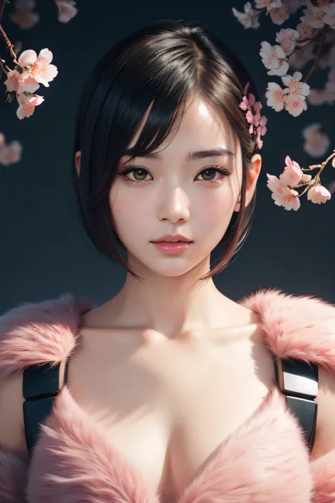 beautiful japanese young woman, wearing cyborg armor, thick symmetrical features, very short hair, background is cherry blossoms...