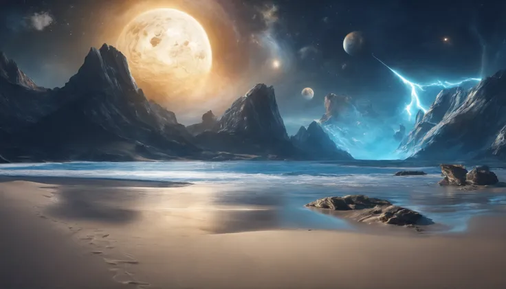 huge planet, the night, starrysky, surrealism, masutepiece, hight resolution、Impressive Milky Way:1.9、sand beach、Vast blue ocean、Blue glacier、lightning bolt:1.9、Protoplanets